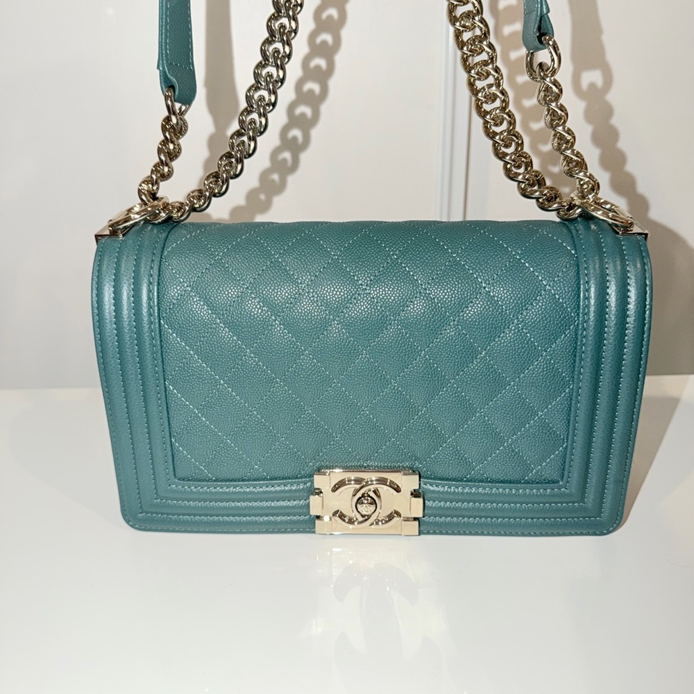 CHANEL Teal Quilted Medium Boy Bag